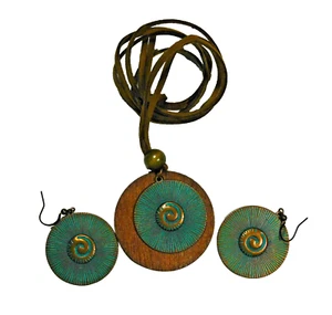 BOHO Pendant Earring Set Teal Sacred Spiral Metal Wood Leather - Picture 1 of 6