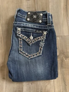 NEW Miss Me Signature Boot Cut Jeans Women 27 Denim Flap Pocket Beading Sequin - Picture 1 of 9