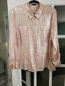 Elements Pink Shiny Crinkly Design Button Down Long Sleeve Shirt Blouse Sz Xl - Picture 1 of 10