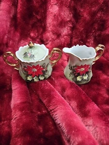 Lefton China Poinsettia Creamer & Sugar LTD ED Luxury Old Money Cottage Country - Picture 1 of 11