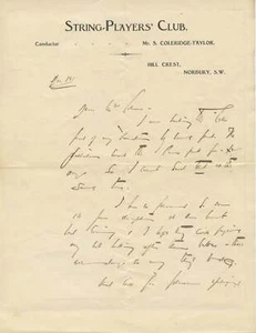 COLERIDGE-TAYLOR, Samuel. : Autograph Letter Signed re Cello Variations - Picture 1 of 2