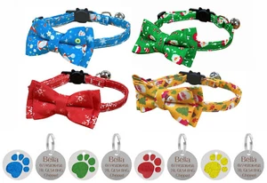 Festive Christmas Cat Kitten Collar with Bow Tie & Personalised 25mm Glitter Tag - Picture 1 of 30