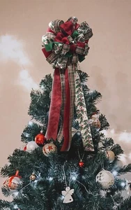 Christmas Tree Topper Bow for wreath long tails 10INx24IN Handmade ships fluffed - Picture 1 of 3