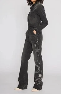 FREE PEOPLE DRIFTWOOD CELESTIAL EMBROIDERED RHINESTONE DENIM JUMPSUIT SZ M NWT - Picture 1 of 12