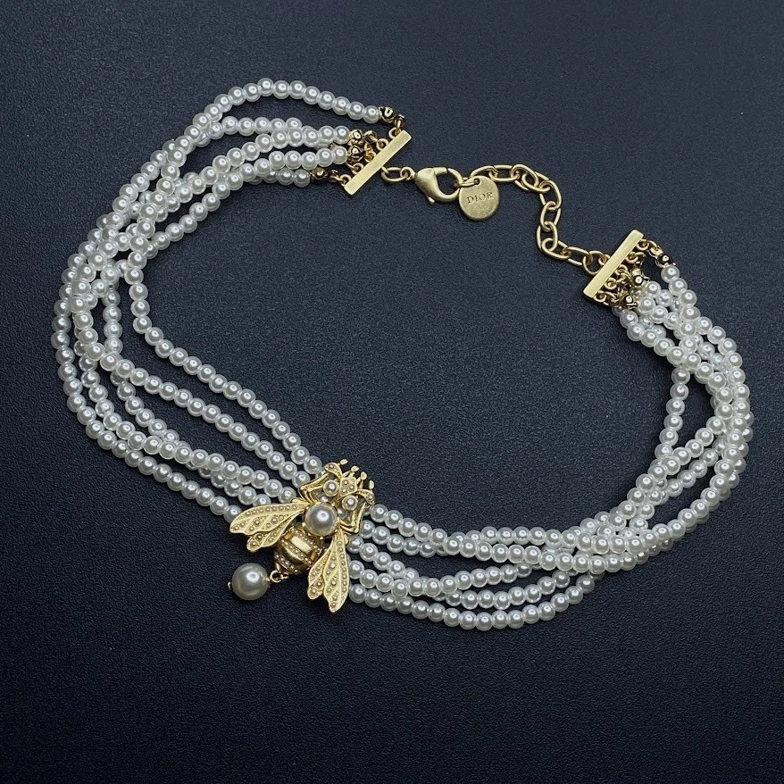 Christian Dior Gold Pave Crystal Bee Charm Pearl Choker Necklace - Image 1 of 4