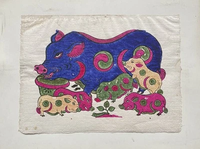 Incisione su legno Grafico Vietnam Asia Colorito Maiali Cerdito Su Carta Di... - Immagine 1 di 4