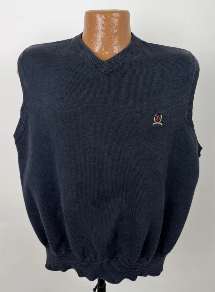 Chaleco Suéter Tommy Hilfiger De Colección Para Hombres Grande Desteñido Negro Algodón Cuello en V Años 90 Y2K Foto 1 de 4