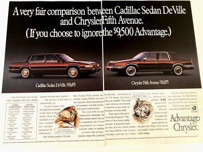 1991 Chrysler Fifth Avenue Advantage Two Page Print Ad Cadillac Sedan DeVille - Image 1 of 3