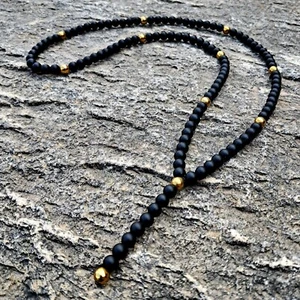 Halskette Perlenkette Onyx Schwarz Stein 6mm Y kette Gold Frebe Herren Damen - Bild 1 von 6