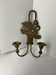 VINTAGE SOLID BRASS Double Arm Sconce Wall Candle Stick Holder Flowers Basket - Picture 1 of 10