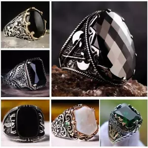 Flat Zircon Commerce Alloy Domineering Men's Ring Black Size 7-13 Retro Pattern - Picture 1 of 14
