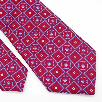 Eagle Shirtmakers Red Blue Geometric Floral Woven Silk Tie - Image 1 of 4