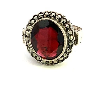 Antique Sterling Silver Red Garnet Marcasite Victorian Handmade Ring Sz 5.5 - Picture 1 of 7