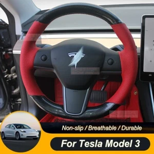 DIY Durable Red Black Leather Car Steering Wheel Cover For Tesla Model 3 Y X - Picture 1 of 7