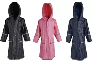 Kids Waterproof Full Length Long Hooded Raincoat jacket with Reflectors 3 colors - Picture 1 of 13