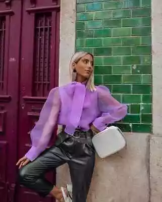 ZARA Semi Sheer Lilac Organza Blouse Top Shirt Pussy Bow Button Detail S Small - Image 1 of 4