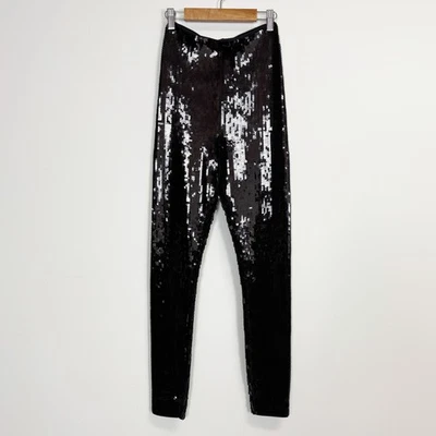 Calça Express Feminina XS Preta Cintura Alta Lantejoulas Elásticas Leggings Magras Nova Com Etiqueta Festa - Imagem 1 de 4