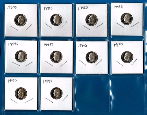 1990 S through 1999 S Gem Proof Clad Roosevelt Dime - Set of 10 Dimes Cover