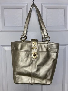 Coach Turnlock Gold Tone Leather Tote Handbag D0920-F13757 (14 x 10 x 4.5) - Picture 1 of 20