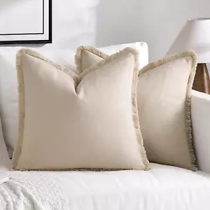 Throw Pillow Covers Boho Farmhouse 20x20 Set of 2 Decorative Beige Couch with Fr - Picture 1 of 6