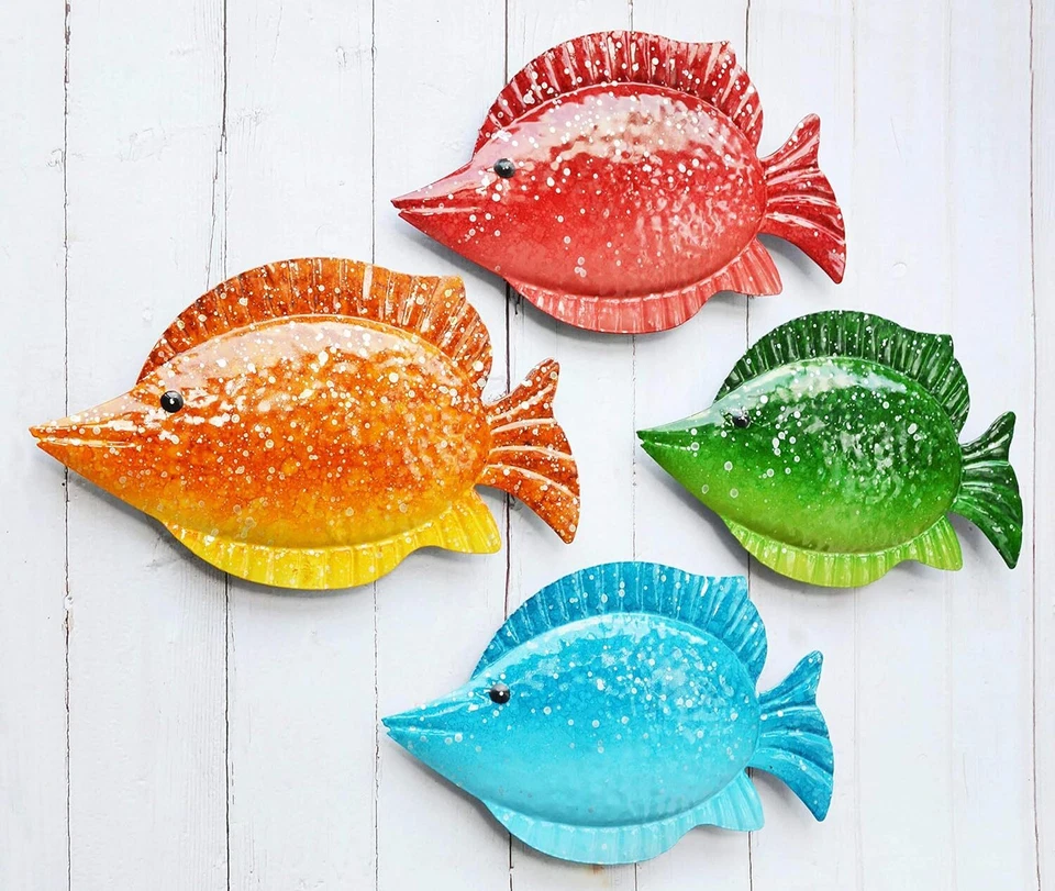 Coastal Ocean Sea Metal Fish Hanging Wall Art Set of 4 for Outdoor