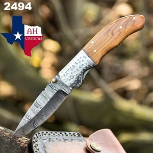 HANDMADE DAMASCUS STEEL FOLDING BLADE POCKET KNIFE WOOD HANDLE 2494 - Picture 1 of 5