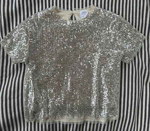 ZARA KIDS Silver Sequin T-Shirt Size 9 Tulle Trim Wedding Party Top Girls Blouse - Picture 1 of 15