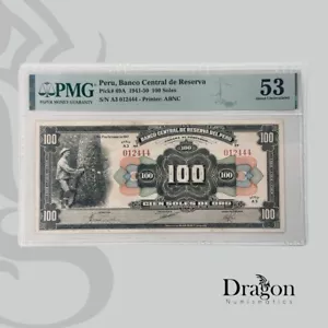 PERU ๐ต๐ช Banco Central de Reserva 100 Soles 1947 P-69A Banknote PMG AU53 - Picture 1 of 4