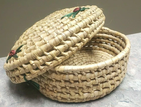 Coil Weave Basket Round with Lid tightly purple flowers 9" diameter Cover