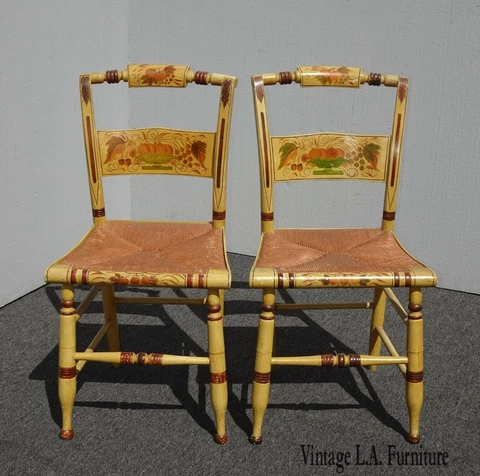 Pair of Two French Country Hand Painted Rush Seat Accent Chairs Cover