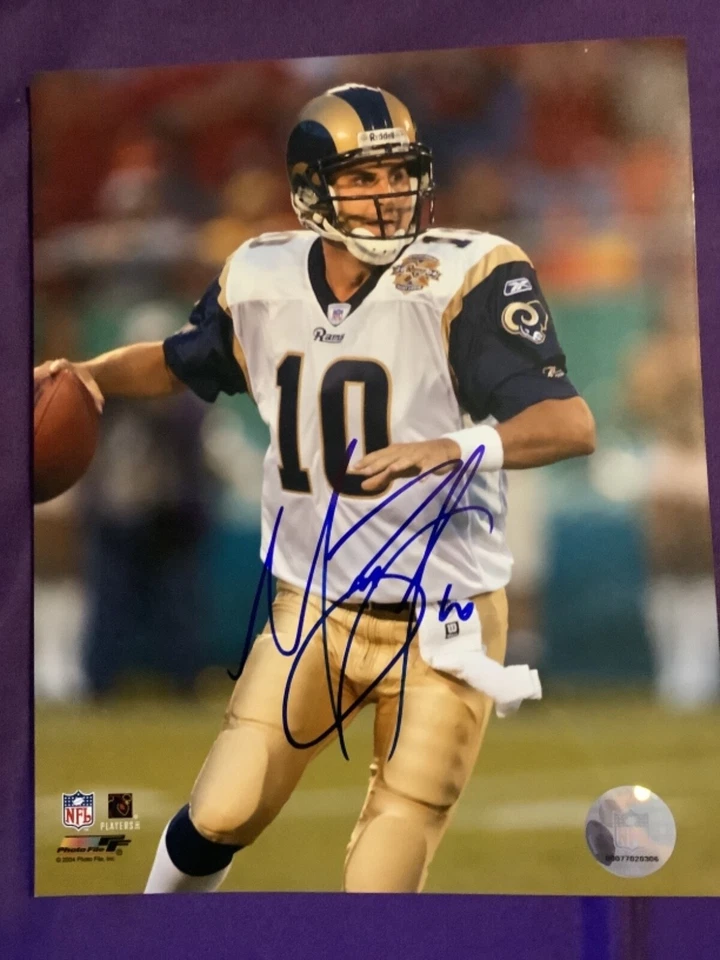 FOTO 8X10 FIRMADA POR MARK BULGER DE ST LOUIS RAMS LA WVU FÚTBOL CERTIFICADO DE AUTENTICIDAD AUTOMÁTICO Foto 1 de 1