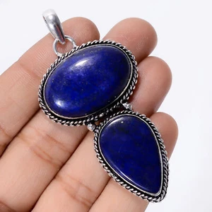 Natural Lapis Lazuli Gemstone Fashion Jewelry 925 Silver Pendant 2.6" - Picture 1 of 3