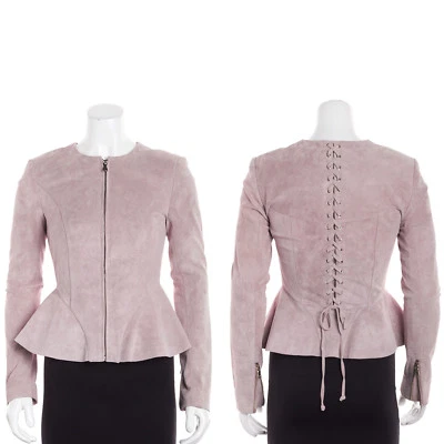 Abrigo Chaqueta Intermix Sofie Rosa Rubor Gamuza Con Cordones Peplum Ajustado Cremallera Frontal XS P Foto 1 de 4