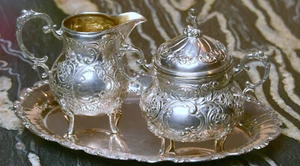 Jarra de leche y azúcar con bandeja alemana R+S estampada plata 800 373 gramos - Imagen 1 de 12