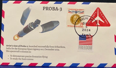 PROBA-3 LAUNCHED OK  FROM SRIHARIKOTA, INDIA & FRANKED WITH GHANDI STAMP DEC '24 - Image 1 of 4