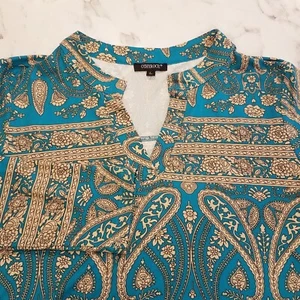 Camiseta OTHYROCE Manga Larga Cuello en V Estampado Floral Talla Grande Verde Dorado E-8 - Imagen 1 de 11