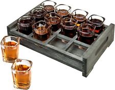 12 Shot Glasses Bar Party Server Set with Gray Wood Caddy Tray, Shot Glass Tray