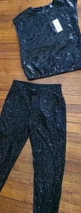 Anthropologie Größe XS S schwarz glitzernde Pailletten verzierte Hose & Top neu mit Etikett Crusie - Bild 1 von 10