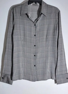 Blusa Top Vestido Top De Colección Años 90 Academia Oficina Preppy Rayas Pata de Gallo Seda Elástico Foto 1 de 4