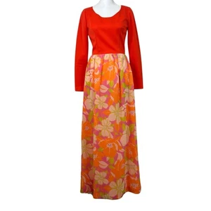 Vintage Handmade 70er Jahre Maxikleid Blumen Orange Langarm XS/S - Bild 1 von 7