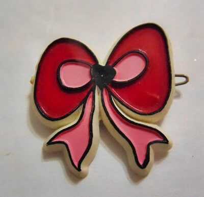 Vintage Bow Hair Barrette Red Pink Plastic Metal 80s Heart Childs Clip - Image 1 of 3