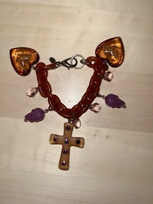 RARO Pulsera Tarina Tarantino Lincoln Cruz Corazón Calavera Cristal Marrón Foto 1 de 4