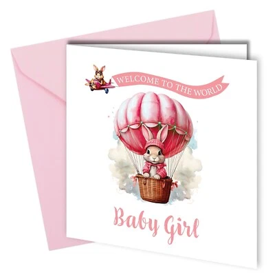 #1818 Welcome to the world baby girl congratulations card / new baby bunny pink - Image 1 of 2
