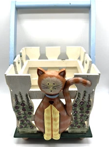 VTG Kathy Hatch Wood Basket Cat Garden Fence Flowers 3D Planter Handpainted - Picture 1 of 10