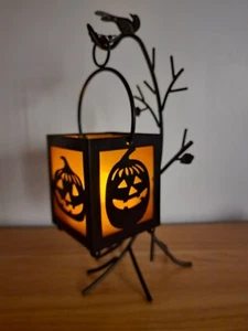 Halloween 4 caras cuervo calabaza en metal linterna de árbol con luz de té 12" de alto - Imagen 1 de 7