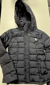 ABERCROMBIE Kids Down Puffer Coat Jacket Hooded Size L Navy Winter Down EUC - Picture 1 of 8