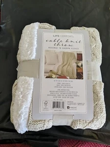 Life Comfort Cable Knit Sherpa Throw Beige Oatmeal Cotton 50” X 60” - Imagen 1 de 8
