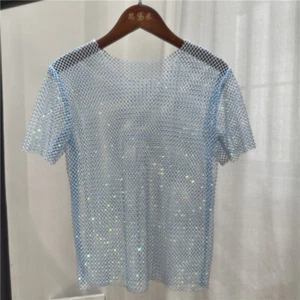 Hot Women Short Sleeve Fishnet Mesh T-Shirt Glitter Rhinestone Club Sheer Blouse - Picture 1 of 15