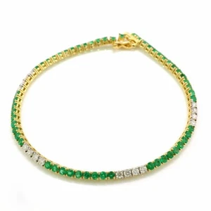 Tennis-Armband feine Smaragde Brillanten 750er Gelbgold Linienarmband - Picture 1 of 7