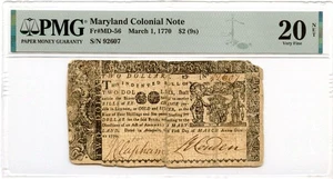 Maryland Colonial Note Fr#MD-56 March 1, 1770 $2 PMG VF-20 *Contemporarily Sewn* - Picture 1 of 2